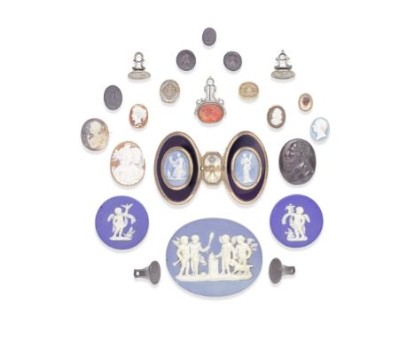 A collection of classically-inspired items, 18th and 19th centuryIncluding a buckle with two blue jasper plaques, on a rich b