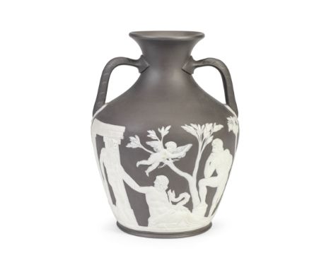 A Wedgwood copy of the Portland vase, 19th centuryCast in 'Barberini Black' jasper and following the usual model, applied in 