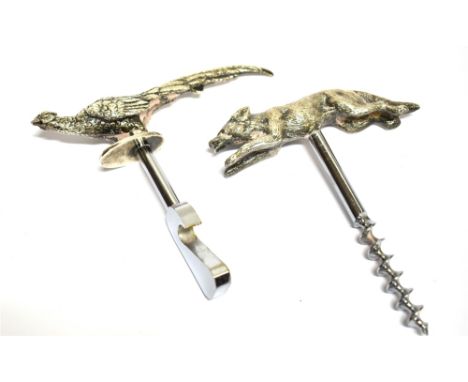 A CORKSCREW WITH SILVER RUNNING FOX GRIP and a similar bottle opener with silver pheasant grip, both Birmingham 1971 by J.B. 