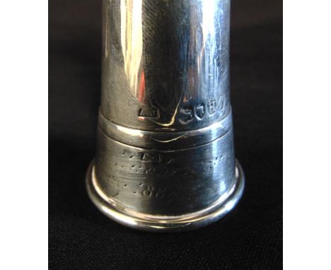 A SILVER HUNTING HORN by Kohler, London 1883, with worn presentation inscription dated 1884, 23cm long 