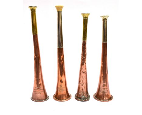 FOUR HUNTING HORNS by 'Kohler &amp; Son, London', two copper and plated 23.5 x 26cm long, and two copper and brass 26.5 x 24c