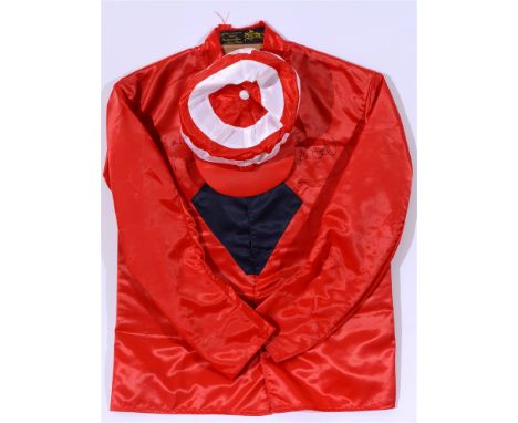 RACING SILKS red with navy diamond and red and white hooped cap, signed Martin Pipe and Tony McCOY 
