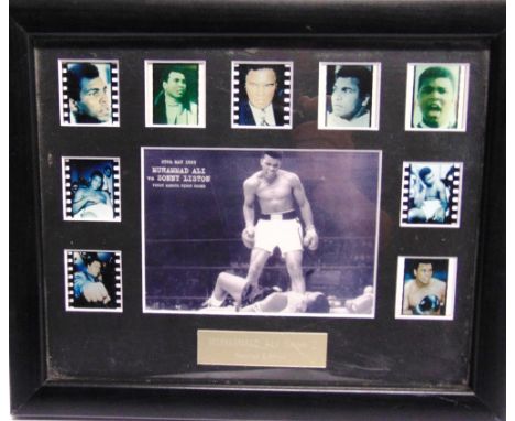 BOXING - MUHAMMAD ALI nine film strip cells, framed surrounding a black and white image '25th May 1965, Muhammad Ali vs Sonny