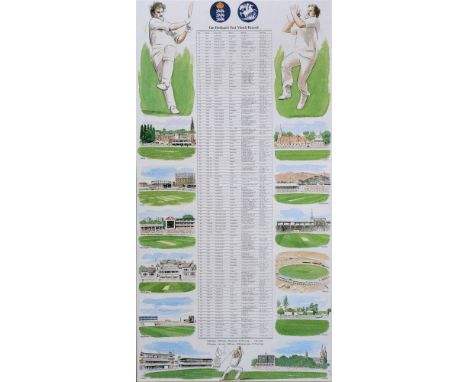 CRICKET - IAN BOTHAM'S TEST MATCH RECORD colour print centred with a list of his 102 test matches and results and images of t