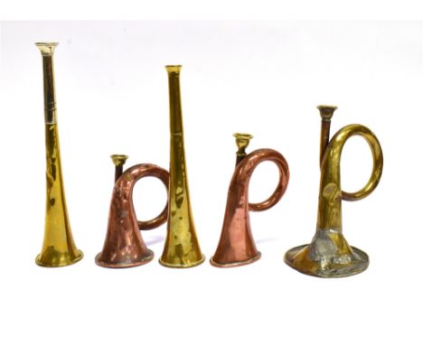 TWO BRASS HUNTING HORNS one with plated mount; small brass French horn and two small copper French horns with brass mouth pie