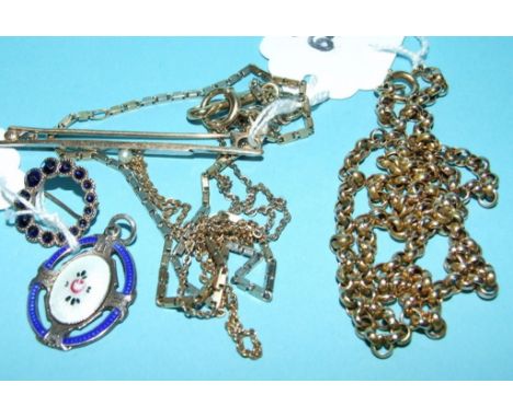A 9ct gold chain, approx. 9.0 g, a silver and enamel pendant and other jewellery
