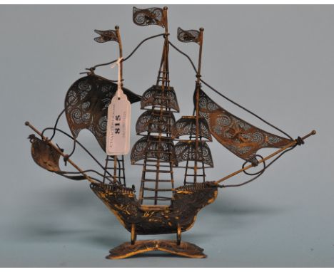 An Indian filigree and enamel ship, 18 cm high