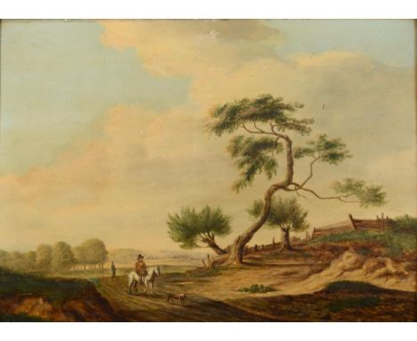 English school, 19th century, a figure on a country path with a dog, oil on panel, 34 x 47 cm  See illustration