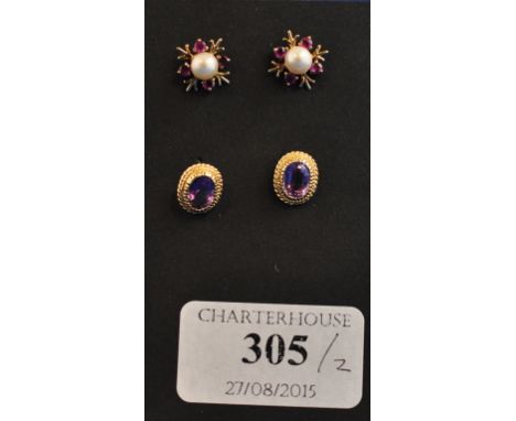 A pair of 9ct gold, pearl and ruby stud earrings, and a pair of amethyst stud earrings (2)