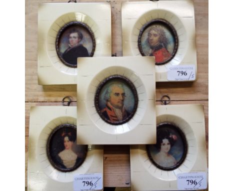 Five portrait miniature prints, each 11 cm high (5)