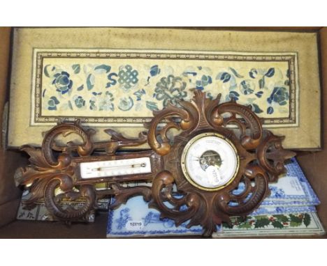 Assorted Copeland tiles, a Long Eliza pattern tile, other tiles, a mantel clock, a barometer and two embroideries (box)