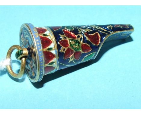 An Indian yellow coloured metal and enamel whistle, decorated birds, flowers and foliage Condition report Report by NG

Total