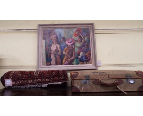 A Persian style rug, 313 x 70 cm, J Raeburn, figures trying on hats, oil on board, and a suitcase (3)