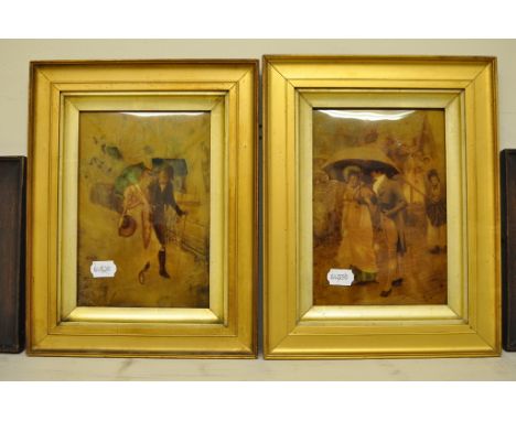 A pair of crystoleums, of couples in the rain, 24 x 16.5 cm, and 19th century, chickens in a stable, oil on panel, 11 x 25 cm