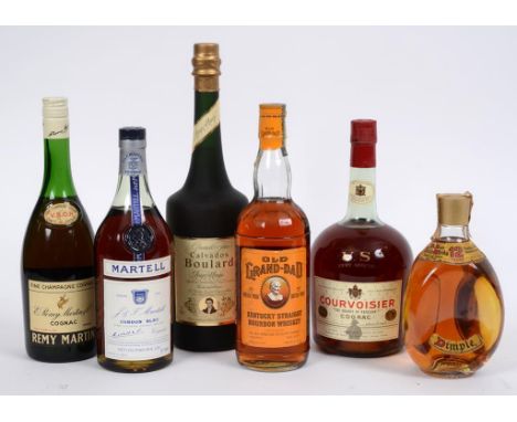 A bottle of Remy Martin Cognac, a bottle of Old Grand-Dad Whiskey, a bottle of Martell Cordon Bleu Cognac, and others similar
