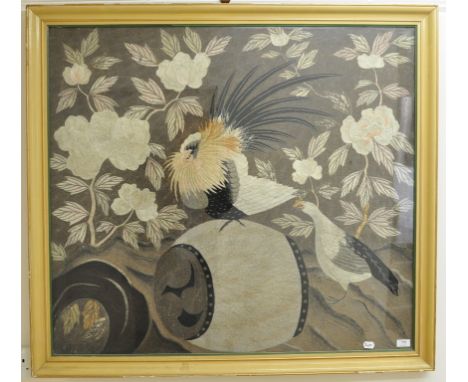 A Japanese silk needlework panel, decorated birds and foliage, 89 x 100 cm Condition report Report by RB

Behind glass, some 