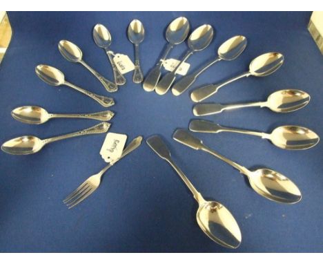 A set of six silver fiddle pattern dessertspoons, London 1894, two similar spoons, a set of six Victorian silver teaspoons, i