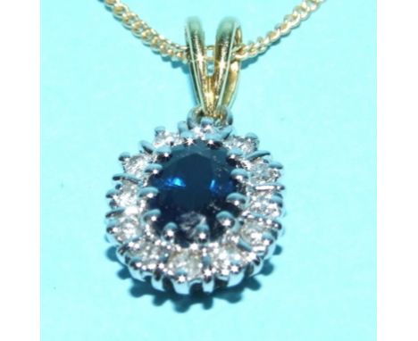 An 18ct gold, sapphire and diamond cluster pendant, on an 18ct gold chain
