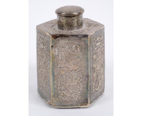 A Chinese hexagonal silver coloured metal tea caddy and cover, decorated figures, birds and foliage, 14 cm high  See illustra