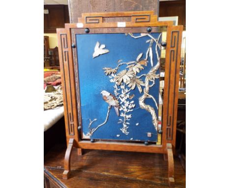 A firescreen, inset a Japanese panel decorated birds and foliage (some loss), 61 cm wide