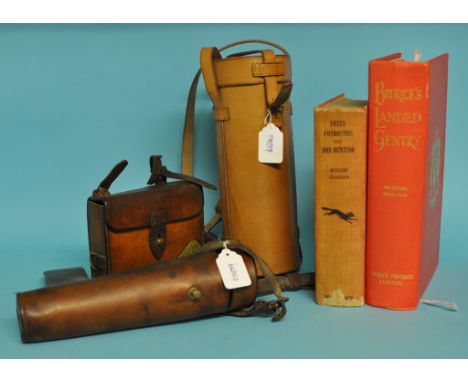 A leather hunting canteen, with glass flask and plated sandwich case, 12 cm high, another hunting flask, related volumes and 