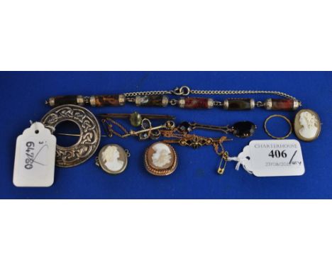 A 9ct gold, sapphire and seed pearl bar brooch, an Edwardian style bracelet, and other jewellery