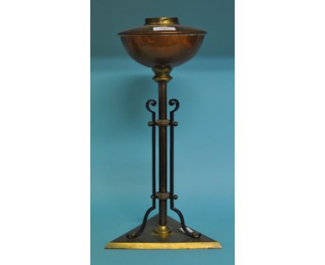 A Benson style copper, brass and iron oil lamp base, 42 cm high Condition report Report by GH

Patination to copper and brass