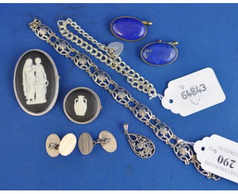 A pair of silver gilt and lapis lazuli cufflinks, a Wedgwood cameo brooch, and other items (qty) Condition report Report by G