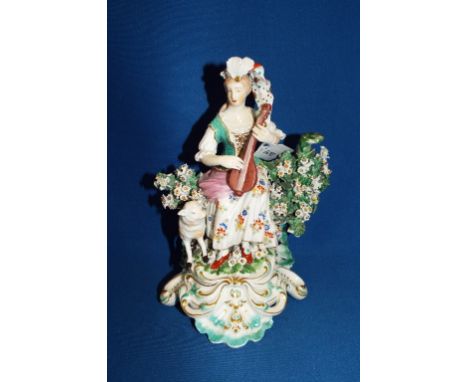 A Derby porcelain figure, of a lute player, (a.f.) 21.5 cm high Condition report Report by GH

Small chips to the feathers on