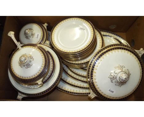 A Victorian pottery part dinner service, a tea service, two silver plated teapots and other items (2 boxes)