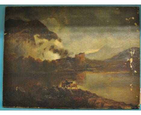 R Scott Temple, cattle by a lake, oil on canvas, signed and dated 1891, 45.5 cm x 61 cm, another by the same artist, (both un