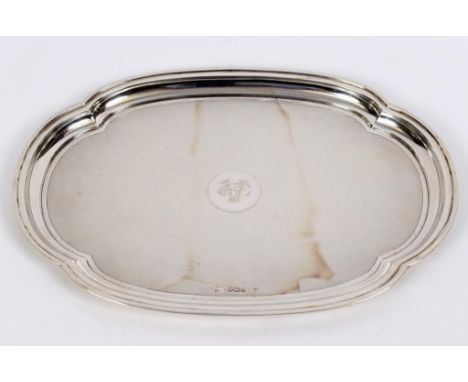 A silver tray, monogrammed, with engine turned decoration, Walker & Hall, Sheffield 1933, approx. 14.7 ozt, 32.5 cm wide  See