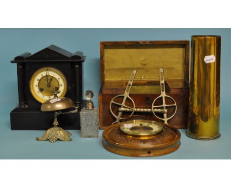 An inlaid mahogany tea caddy, 31.5 cm wide, a black slate mantel clock, and other items (box)