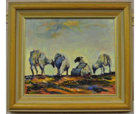 A H R, sheep grazing, oil on board, initialled and dated 04, 29.5 x 34.5 cm, other pictures and prints, a coopered oak bucket