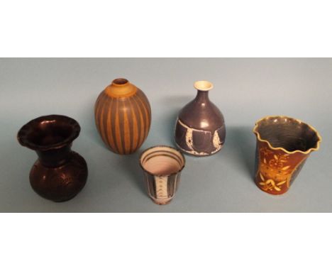 A Rye pottery beaker, 8.5 cm high, a C H Brannam Barum vase, and three other pottery vases (5)