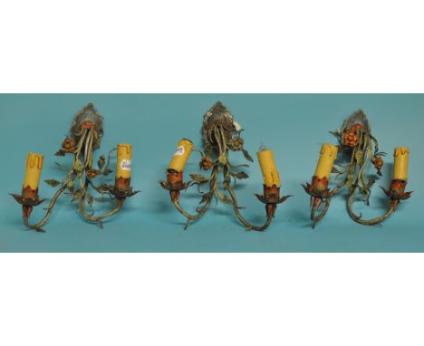 A pair of three branch light fittings, decorated flowers and foliage, and matching items (box) Condition report Report by GH
