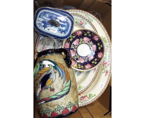 A Coalport style part tea service, with painted floral and gilt decoration, other ceramics, glass, and a Japanese bisque head