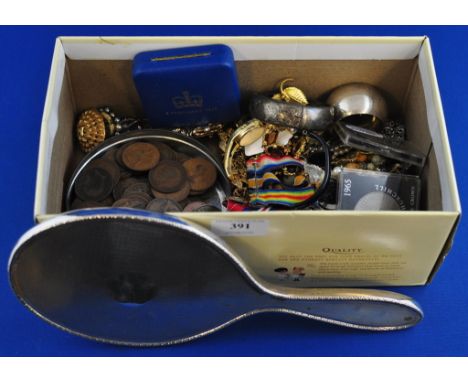 A silver bangle, costume jewellery, a silver hand mirror, coins and items