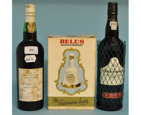 A bottle of Hutcheson Colheita Port, 1957, bottled in 1986, a bottle of Graham's LBV Port, 1997, and a Bell's Scotch Whisky