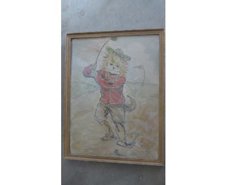 A Watercolour of a cat playing golf, signed Louis Wain, 46cm x 34cm 