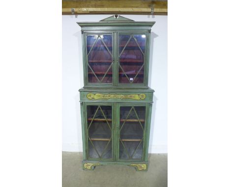 A painted and decorated pine cabinet with 4 glazed doors, raised on bracket feet - 200cm x 90cm 
