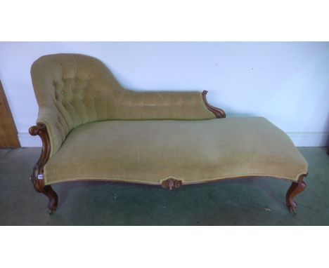 A Victorian carved walnut button back chaise lounge - Length 180cm repair to one front leg 