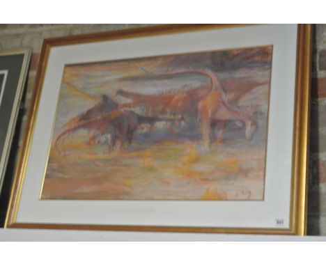 A Pastel on Paper of Dinosaurs by Michael Coot - 72 cm x 98 cm - in Gilt Frame - Monogram bottom right 