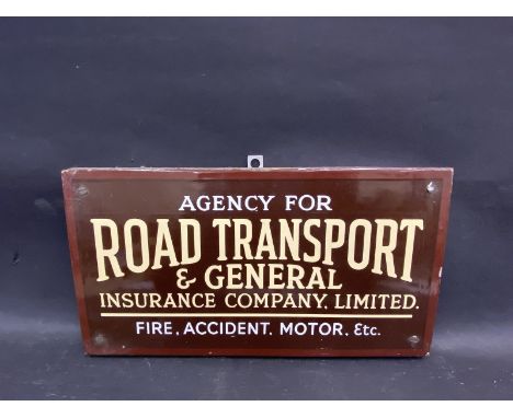 An Agency for Road Transport &amp; General Insurance Company Limited rectangular enamel sign, mounted on board, 14 x 8". 