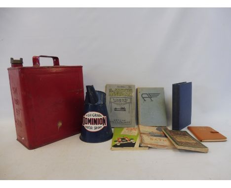 A Shellmex and BP Ltd two gallon petrol can, an oil measure with Dominion decal attached plus a selection of motoring related