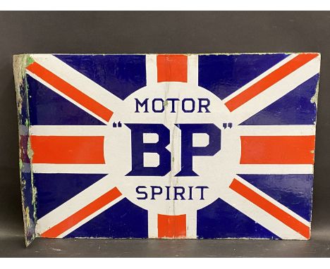 A BP Motor Spirit Union Jack double sided enamel sign with hanging flange, by Franco, 24 x 16".