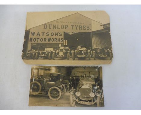 Of VSCC interest - A great period photograph of Watson's Motor Works with a line up of pre-war cars outside including the ex.