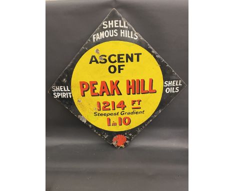 A rare 'Shell Famous Hills' lozenge shaped enamel sign for 'Peak Hill', with some older retouching, 42 x 42". 