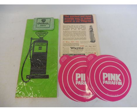 Two original Pink Paraffin stickers, an advertisement for the Wayne 800 petrol pump, a BP Energol sponge etc. 