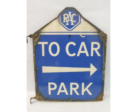 A pair of RAC 'To Car Park' directional enamel signs, mounted back to back, 21 x 27 3/4".